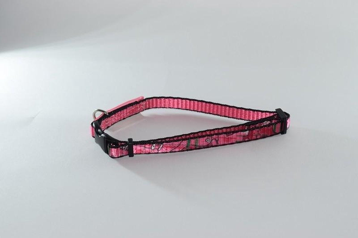 Hondenhalsbandje- roze met tekening- S -1,5 cm x 26 > 35 cm