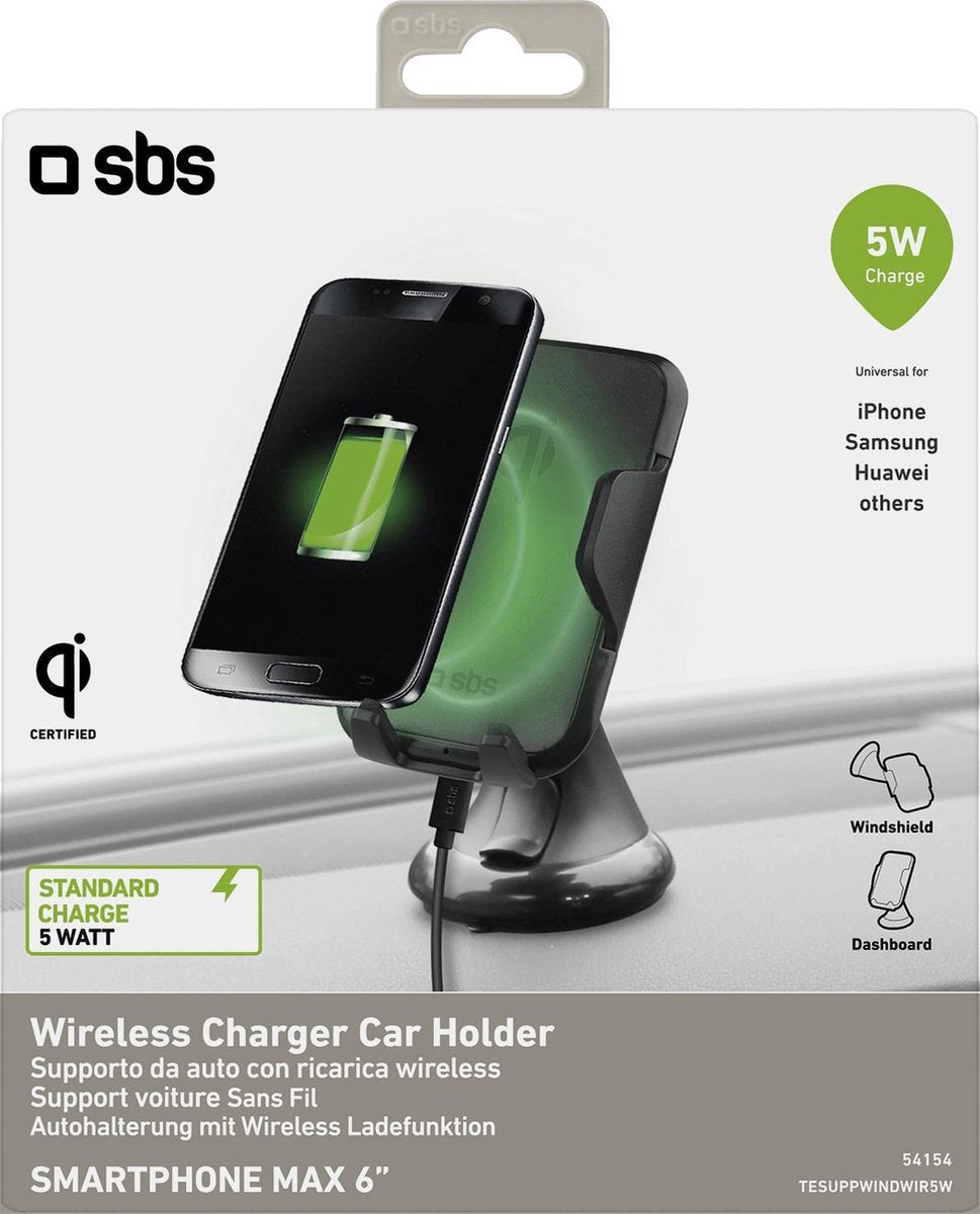 SBS mobile Dashboard Autohouder 6 Inch / Qi Lader 5W - Zwart
