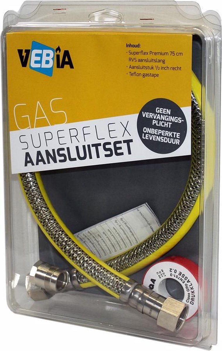 Vebia Gasaansluitset VGK75S - Superflex gasslang 75cm, 1/2" koppelstuk & rolletje teflontape
