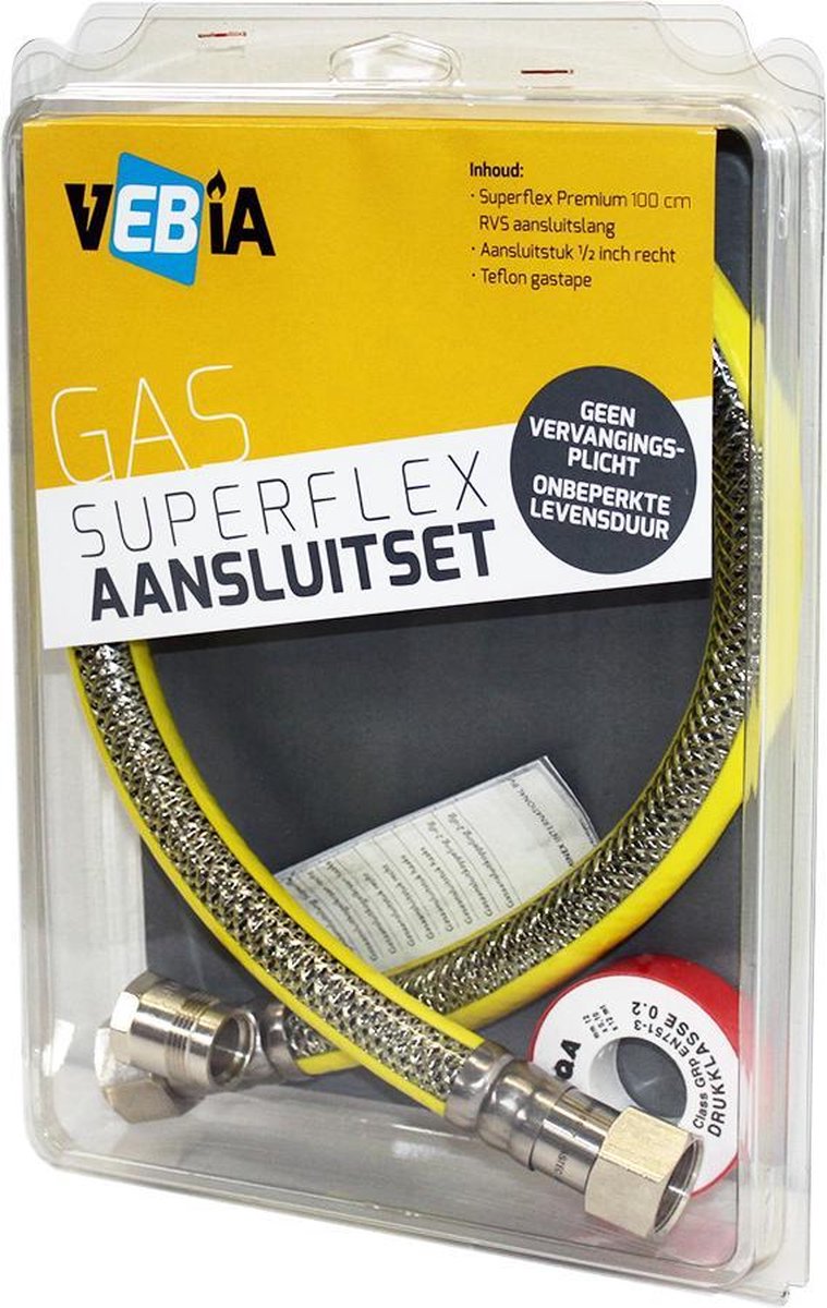 Vebia Gasaansluitset VGK100S - Superflex gasslang 100cm, 1/2" koppelstuk & rolletje teflontape